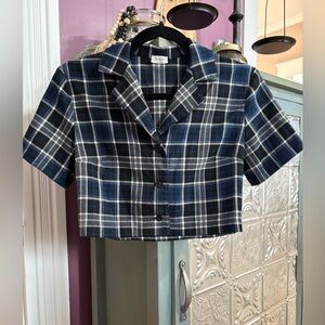 Brandy Melville Blue and Gray Plaid Kids Button Down Shirt